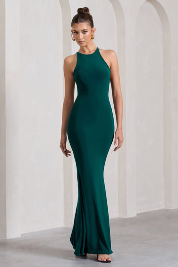 Brianna Bottle Green Sleeveless Halter-Neck Open-Back Maxi Dress